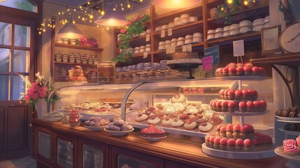 A bakery with a lot of pastries and cakes. Anime background