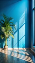 room with blue walls and a large window casting sunny shadows, with a green plant in the corner, Concept background for product presentation and interior design