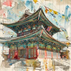 Obraz premium Serene Temple with Colorful Prayer Flags and Asian Architecture Sketched with Vibrant Colors