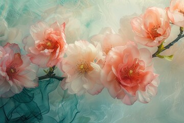 a close up of a bunch of flowers on a table, harmonious blend of pigment and paper, blooming softly