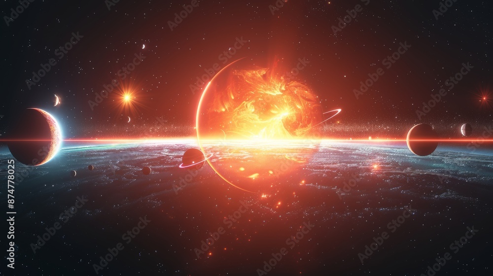Poster planets illuminated by different light sources creating a dramatic space scene generative ai