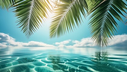 tropical island with palm trees, tree on the beach, beach with trees, palm tree on the beach, beach with palm trees, Palm tree leaves against turquoise sky and white wall. Pastel colors, creative colo