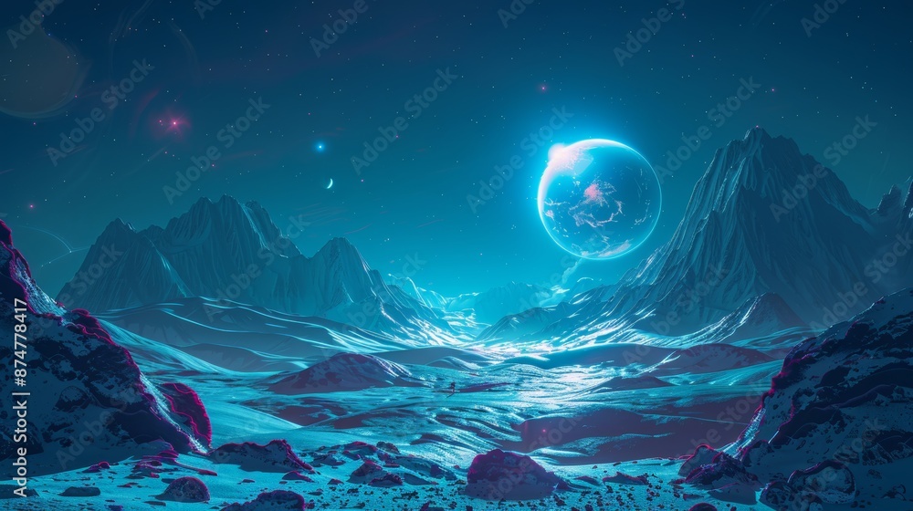 Poster stylized depiction of a futuristic space exploration scene with multiple planets generative ai