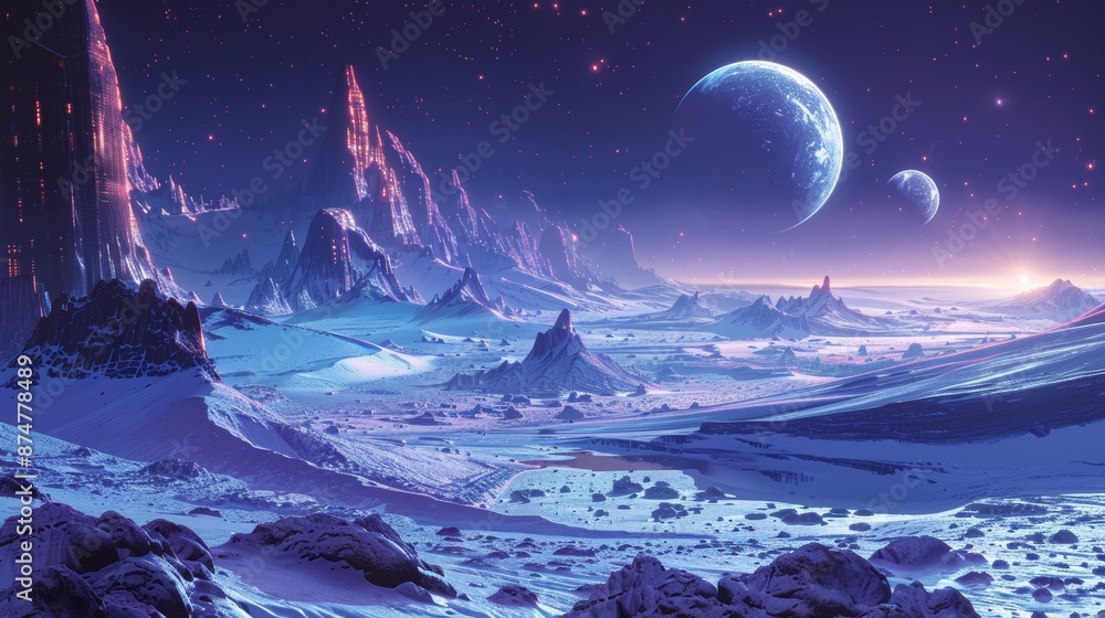 Poster stylized depiction of a futuristic space exploration scene with multiple planets generative ai