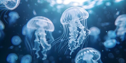 Naklejka premium Captivating wide-angle photograph of luminous jellyfish in enchanting underwater scene. Concept Underwater Photography, Marine Life, Jellyfish, Wide-Angle Shot, Enchanting Scene