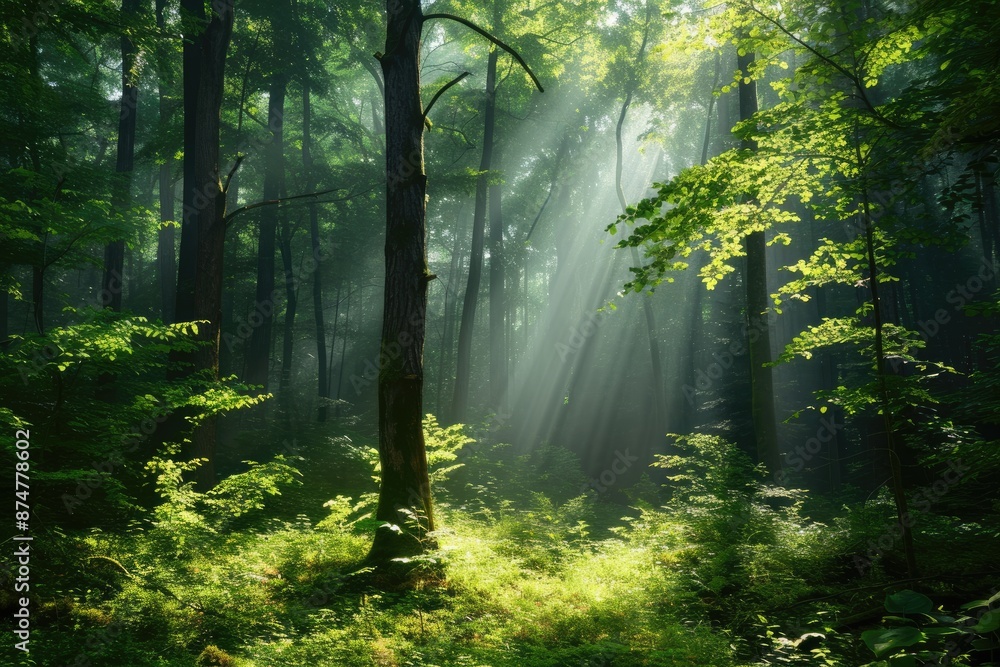 Poster a forest with sunbeams shining through the trees, lush forest with sunlight filtering through the trees