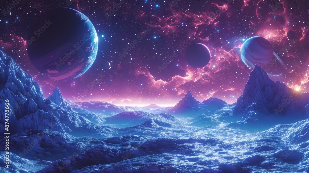 Poster stylized depiction of a futuristic space exploration scene with multiple planets generative ai