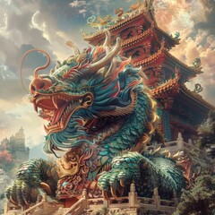 Obraz premium Majestic Temple of the Dragon: Detailed Traditional Illustration with Rich Colors