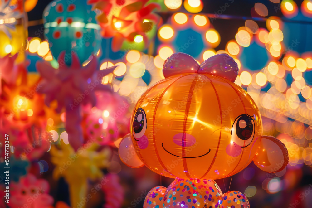 Poster a colorful display of balloons and lights with a smiling face in the center