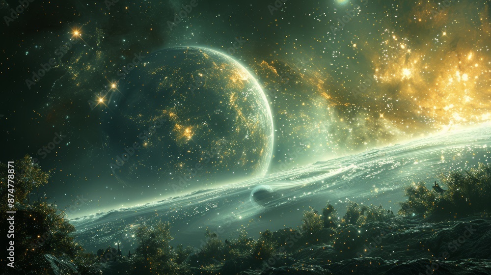 Poster planets in a distant galaxy with a backdrop of cosmic dust and bright stars generative ai