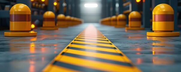 Modern warehouse aisle with safety bollards and yellow striped floor marking, ensuring safe navigation for vehicles and personnel.