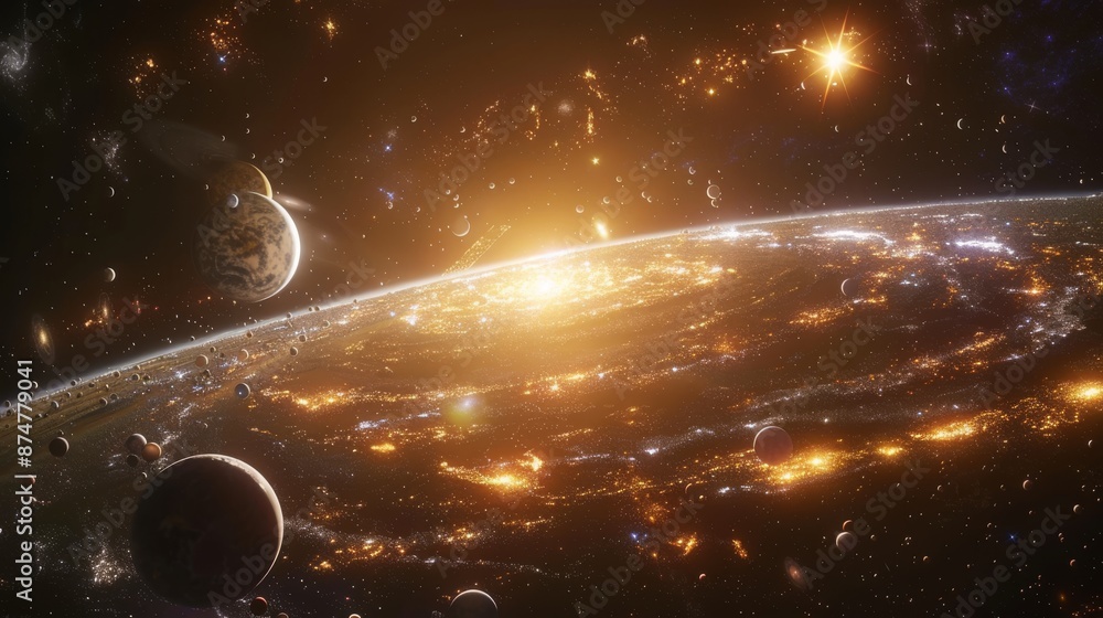 Poster planets in a distant galaxy with a backdrop of cosmic dust and bright stars generative ai