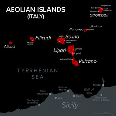Aeolian Islands in Italy, dark political map. Volcanic archipelago in the Tyrrhenian Sea north of Sicily. Also called Lipari Islands. Lipari, Vulcano, Salina, Stromboli, Filicudi, Alicudi and Panarea.