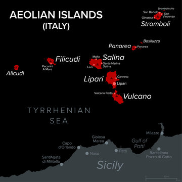 Aeolian Islands in Italy, dark political map. Volcanic archipelago in the Tyrrhenian Sea north of Sicily. Also called Lipari Islands. Lipari, Vulcano, Salina, Stromboli, Filicudi, Alicudi and Panarea.