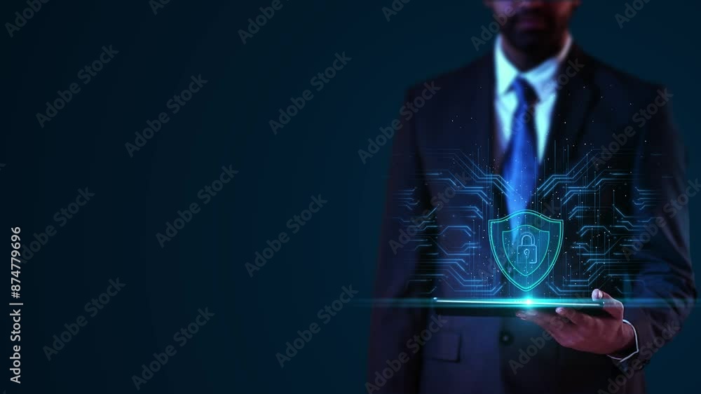 Poster businessman virtual display hud hologram data science cyber security privacy business internet techn