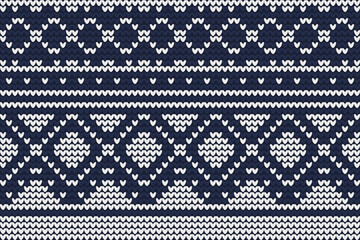 White on a blue background. White and Blue Knitted Pattern Vector, Knitted geometrical pattern. White and blue background. Vector illustration