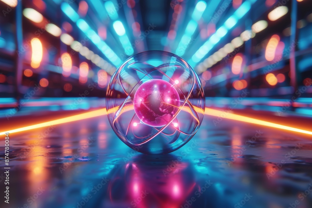Poster abstract representation of particle collision with neon lights, digital illustration, vibrant and dy