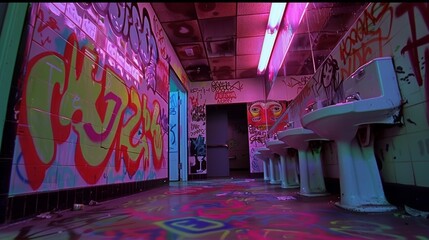 Obraz premium The bathrooms of this 90s fast food horror are a nightmare all on their own with graffiticovered walls and flickering fluorescent lights. But the real horror lies in the unsettling