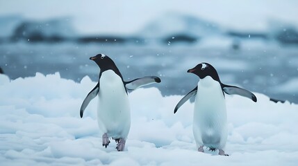 Obraz premium Two penguins standing on a snowy surface 