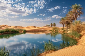 a body of water surrounded by sand dunes, oasis in the middle of a sandy desert