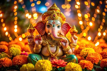 Fototapeta premium Vibrant Ganesha statue adorned with twinkling festive lights, surrounded by vibrant marigold flowers, creating a colorful and joyful atmosphere for Indian holiday celebrations.