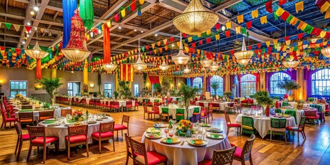 Fototapeta premium Vibrant hall filled with colorful decorations, tables laden with international cuisine, and eclectic furnishings, conveying a sense of community and festive cultural celebration.