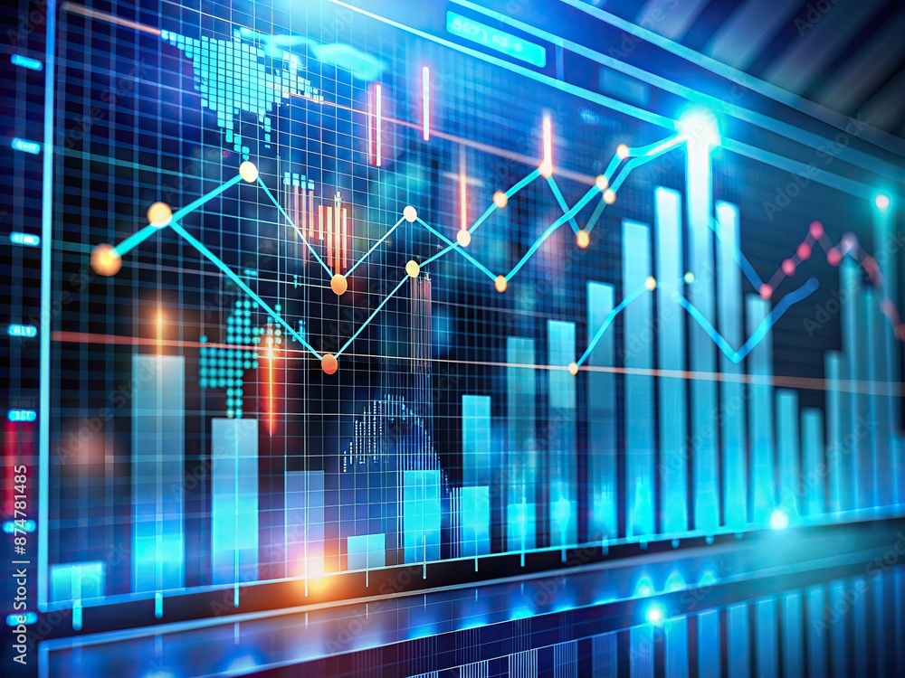 Poster business finance data analytics graph on virtual screen displays key performance indicators, charts,