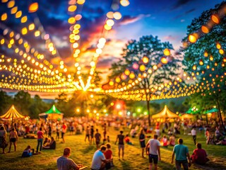 Vibrant bokeh lights swirl around a blurred outdoor festival scene, capturing the energetic atmosphere of a lively event on a warm summer evening.