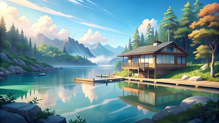 Obraz premium Tranquil Lakeside Cabin Retreat Surrounded by Serene Mountains and Forests