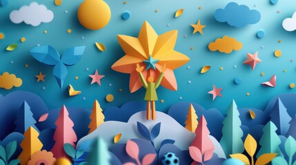 Employee receiving an award, paper cut illustration.