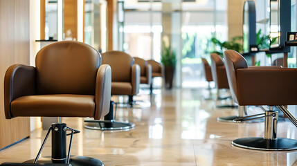 Brown leather chairs in stylish cozy bright barbershop or hairdressing salon interior.