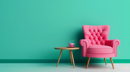 A comfortable pink Chesterfield armchair beside a round table with a coffee cup against mint green wall in a stylish, minimalistic room. Copy space.