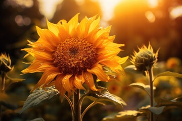 Fototapeta premium a sunflower with leaves in a vase, sunflower, standing tall and proud, its golden crown a testament to the beauty of nature's artistry