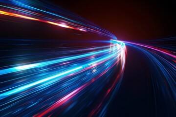 Obraz premium speed light line motion blur on dark background, data transfer simulation, blue to red lights