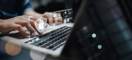 cybersecurity concept Global network security technology, business people protect personal information. Encryption with a padlock icon on the virtual interface.