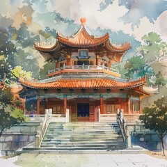 Obraz premium Serene Watercolor Temple Meditation Hall with Peaceful Soft Colors