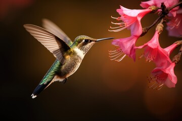 Fototapeta premium a hummingbird flying towards a pink flower, tiny hummingbird sipping nectar