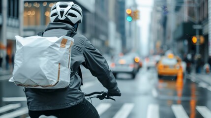 A courier on a bicycle navigating city streets, representing eco-friendly and efficient delivery service, timely dispatch and drop-off
