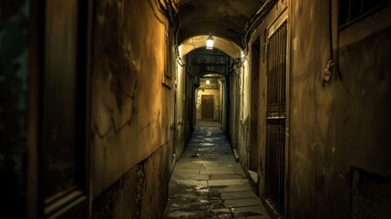 Fototapeta premium A labyrinthine urban alley with mysterious doorways and dimly lit tunnels leading to unknown destinations.