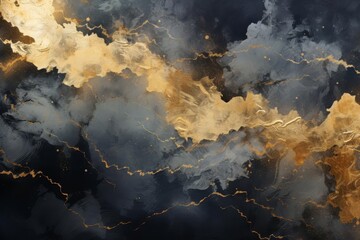 A textured abstract illustration with layers of gold leaf and dark paint, creating a luxurious, opulent effect