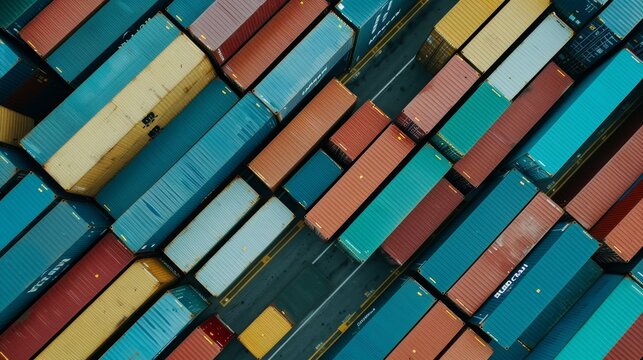 Aerial view of a bustling cargo terminal, containers and freight being meticulously organized for shipment, highlighting global trade dynamics