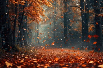a fall scene with leaves falling, vibrant autumn forest with falling leaves