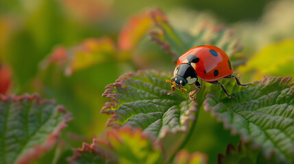Fototapeta premium Close-Up of a Vibrant Ladybug on a Green Leaf in Natural Outdoor Setting