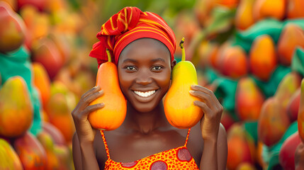 Smiling African Nigerian woman holding a ripe orange papaya in a farm, showcasing tropical agriculture and harvest.