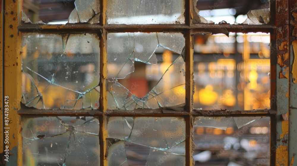 Poster peering through a broken window one can see the remnants of a oncebusy assembly line now frozen in t