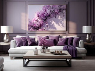 Elegant living room with purple accents and pastel floral artwork, enhancing a serene and stylish atmosphere.