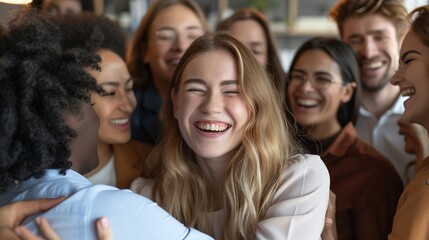 Obraz premium Smiling supportive diverse businesspeople congratulate excited young Caucasian female employee with job promotion or success. copy space for text.