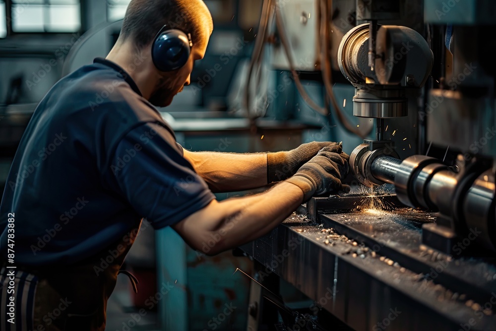 Poster a man working on a machine in a factory, Skilled worker operating a lathe