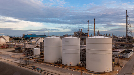 Aerial view oil and gas refinery at night, Business petrochemical industry refinery oil and gas...