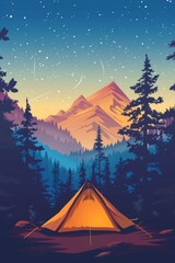 Illustration of a tent in front of an outdoor forest and mountain landscape, with a starry night sky,